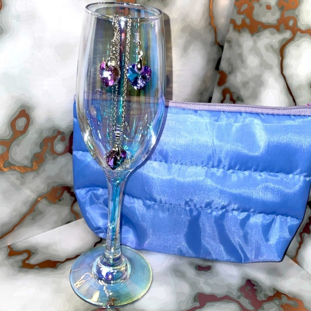 Iridescent Wine Glass with Purple Crystal Earrings Set.